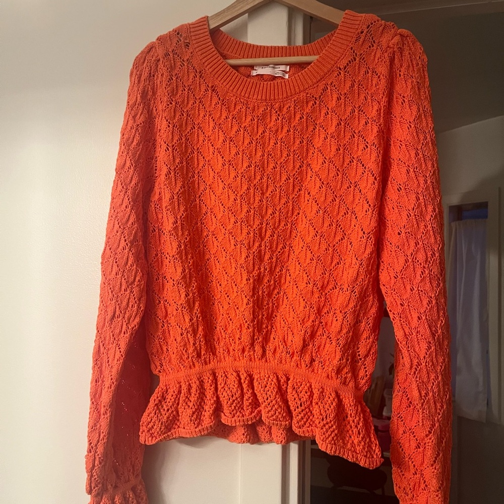Anthropologie Orange Knit Sweater with Ruffle Hem XXL